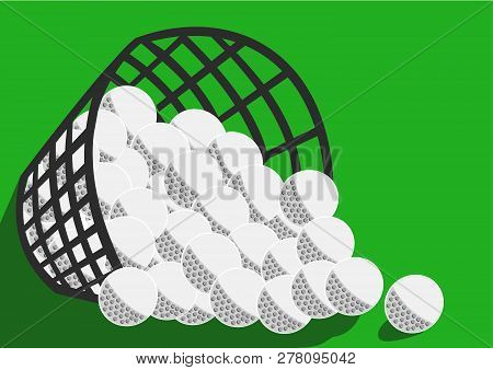 Big Basket With Many Golf Balls Green Background