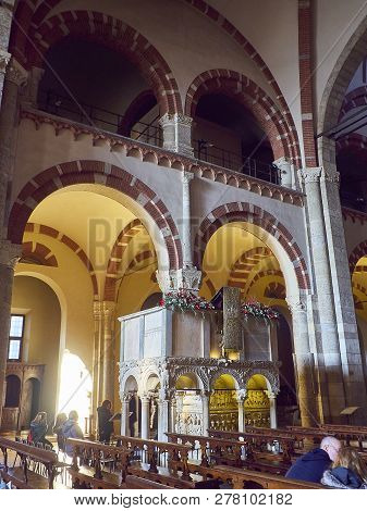 Milan, Italy - December 29, 2018. Marble Ambo Over The Sarcophagus Of Stilicone In The Nave Of The B