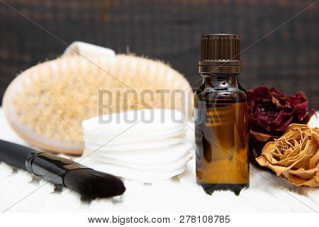 Aromatic Botanical Cosmetics. Dried Herbs Flowers Mixture, Body Scrub Brush, Oils. Holistic Herbal D