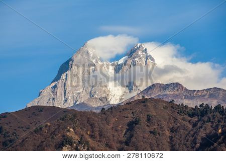 Two High Rocky Summits Of Ushba Mountain In Svaneti Region Of Georgia