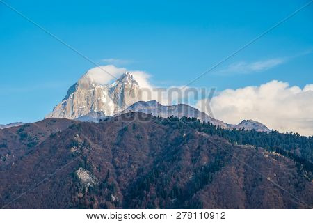 Two High Rocky Summits Of Ushba Mountain In Svaneti Region Of Georgia