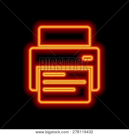 Printer And Paper. Orange Neon Style On Black Background. Light Icon