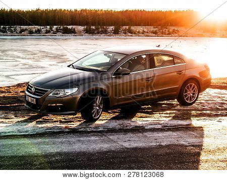Tallinn, Estonia - January 22, 2017: Metallic Volkswagen Passat Cc At The Manniku Lake. Sunny Winter