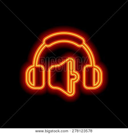 Headphones And Volume Level. Medium Volume Level. Simple Icon. Orange Neon Style On Black Background