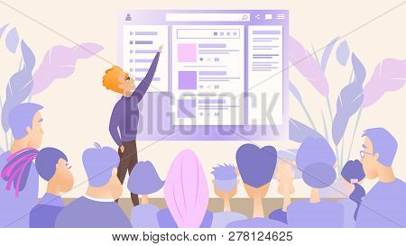Illustration Presentation Digital Product Company. Vector Image Young Man Talks About New Product By