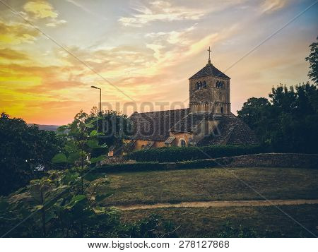 July 19, 2017. Village Ameugny France Burgundy Region In Summer. Old Stone Facade Of The Apartment B