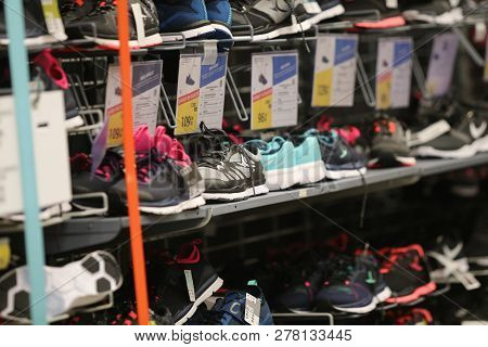 Bucharest, Romania - January 12, 2019: Women Sneakers On A Shelf In The French Sporting Goods Retail