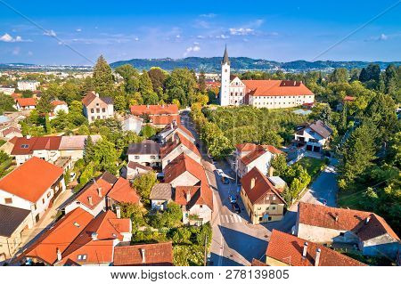 Green Town Of Samobor Church And Landscape Aerial View, Northern Croatia