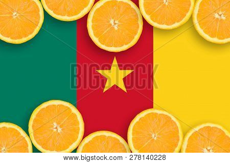 Cameroon Flag  In Citrus Fruit Slices Horizontal Frame
