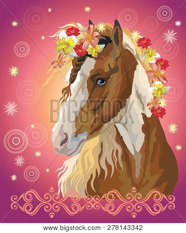 Vector Colorful Illustration. Portrait Of Pinto Horse With Different Flowers In Mane Isolated On Pin