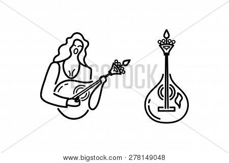 Woman With Guitar Is Singing A Song. Acoustic Guitar Logo Design. Portuguese Sad Song Fado. Flat And