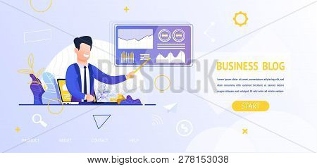 Vector Illustration View Business Blog Online. Banner Image Man On Laptop Screen, Talk About Situati