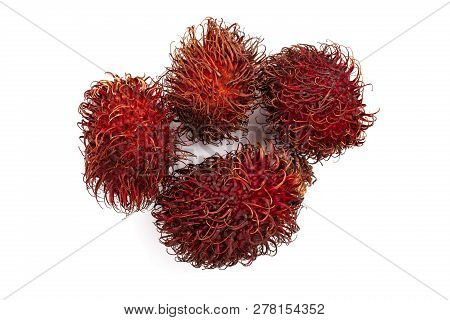 Rambutan Isolated On White Background. Tropical Fruit. Nephelium Lappaceum. Top View. Flat Lay