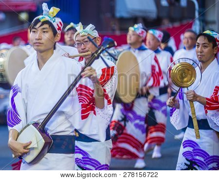 Tokyo - Aug 26 : Participants In The Awa Odori Festival In Tokyo, Japan On August 26 2018. Awa Odori