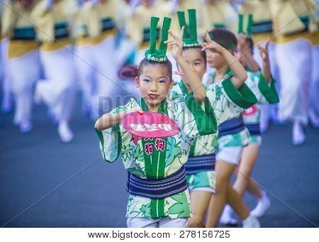 Tokyo - Aug 26 : Participants In The Awa Odori Festival In Tokyo, Japan On August 26 2018. Awa Odori
