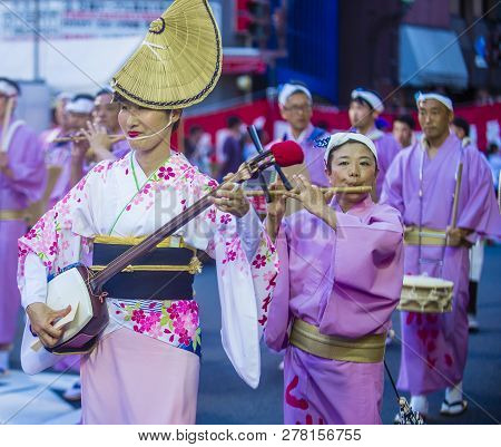 Tokyo - Aug 26 : Participants In The Awa Odori Festival In Tokyo, Japan On August 26 2018. Awa Odori