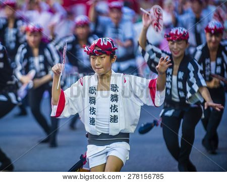 Tokyo - Aug 26 : Participants In The Awa Odori Festival In Tokyo, Japan On August 26 2018. Awa Odori