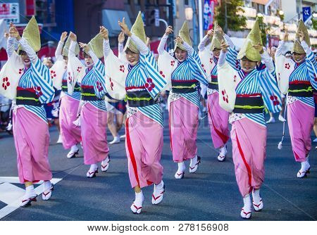 Tokyo - Aug 26 : Participants In The Awa Odori Festival In Tokyo, Japan On August 26 2018. Awa Odori