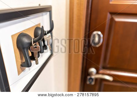 Organize Your Life, Insurance And Security Concept. Housekeeper With Keys, Hanging On Hooks, All Ret