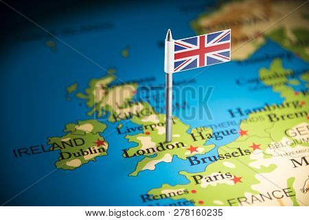 United Kingdom Marked With A Flag On The Map