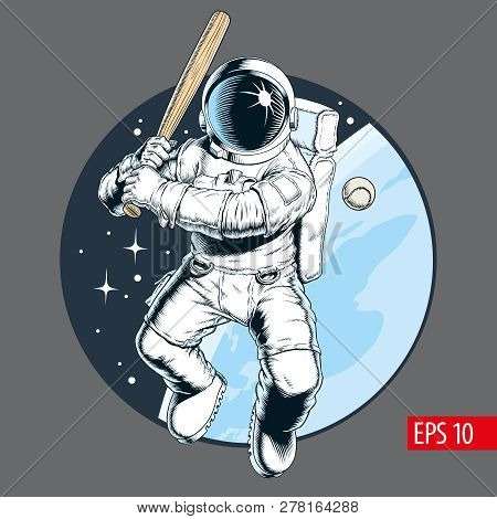 Astronaut With Bat Playing Baseball In Space. Vector Illustration.