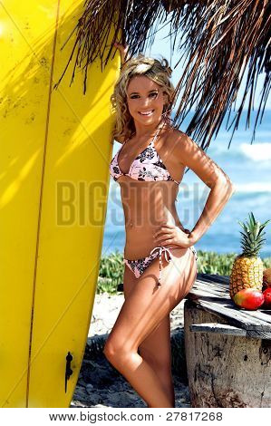 sexy blond Surfer in einem rosa und braun Swimbay Hula Girl bikini