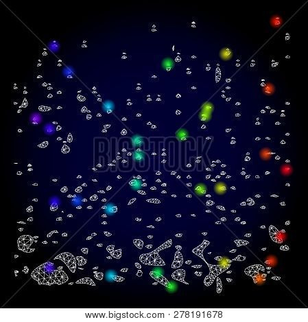 Glossy Polygonal Mesh Powder Participles Icon With Glow Effect On A Dark Background. Carcass Powder 