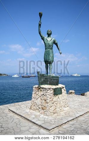 Gaios, Paxos Island - August 10, 2018: The Statue Of The Sailor In Paxos Island, Gaios Village, Gree