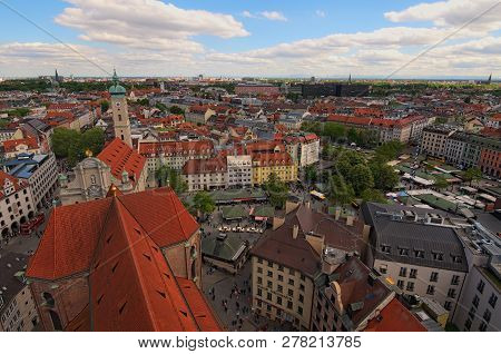 Munich, Germany-april 30, 2018: Historical Center Panoramic Aerial Cityscape. The Viktualienmarkt Is