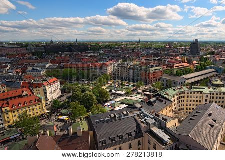 Munich, Germany-april 30, 2018: Aerial View To The Ancient Viktualienmarkt Is A Daily Food Market An