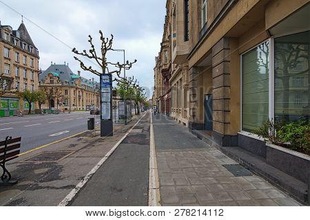Luxembourg, Luxembourg-may 01, 2018: Cloudy Spring Morning. Downtown City, View To The Avenue De La 