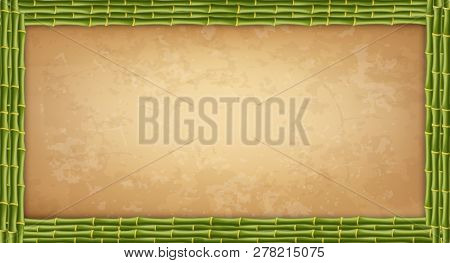 Green Bamboo Sticks Frame With Higly Detailed Vintage Paper Blank Or Canvas