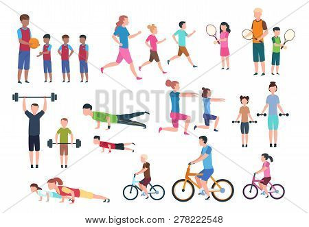 Family Playing Sports. People Fitness Exercising And Jogging. Sport Active Lifestyles Cartoon Charac