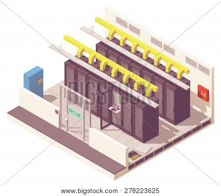 Vector Isometric Server Room Or Data Center With Server Racks And Air Conditioning System And Card R