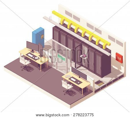 Vector Isometric Data Center Or Server Room With Server Racks And Air Conditioning System And Card R