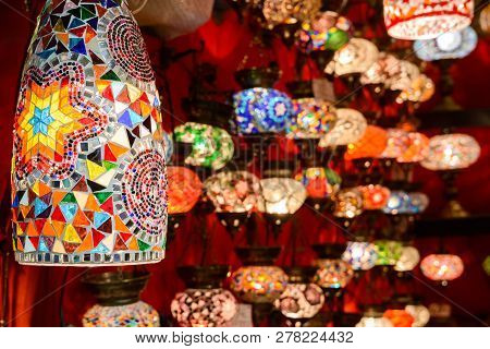 Beautiful Lamps In Grand Bazaar, Istanbul, Turkey. Panorama Of Colorful Oriental Gifts. Stained Glas