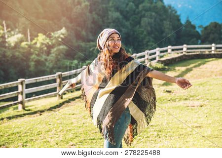 Asian Woman Relax In The Holiday. Travel Nature And  Write A Note In The Notebook At The Park On The