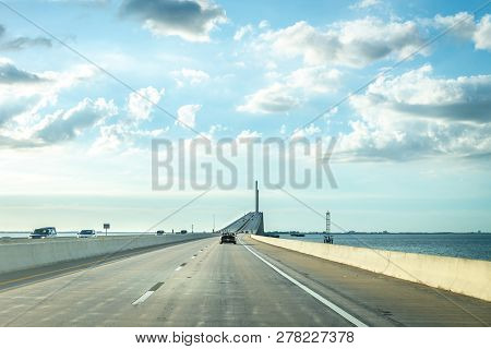 Driving Through The Sunshine Skyway Bridge In Florida