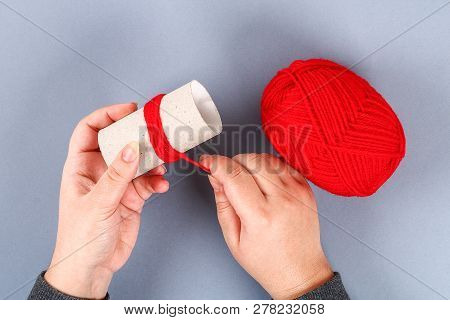 Red Handmade Diy Monster Pom Pom From Yarn, Chenille Stems In Shape Heart. Gift Ideas For Valentines