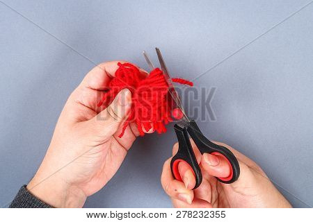 Red Handmade Diy Monster Pom Pom From Yarn, Chenille Stems In Shape Heart. Gift Ideas For Valentines