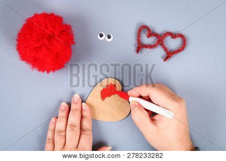 Red Handmade Diy Monster Pom Pom From Yarn, Chenille Stems In Shape Heart. Gift Ideas For Valentines