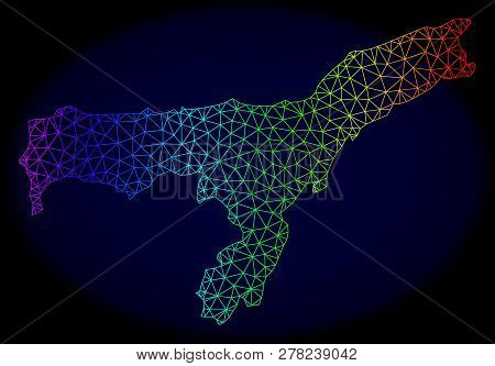 Spectrum Colored Mesh Vector Map Of Assam State Isolated On A Dark Blue Background. Abstract Lines, 