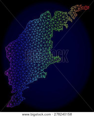 Spectrum Colored Mesh Vector Map Of Gotland Island Isolated On A Dark Blue Background. Abstract Line