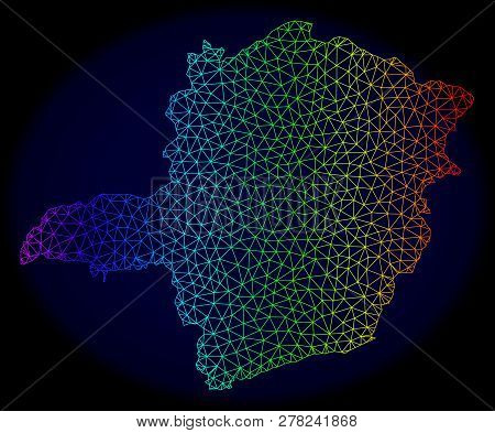 Spectrum Colored Mesh Vector Map Of Minas Gerais State Isolated On A Dark Blue Background. Abstract 