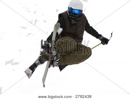 Freestyle. Schnee Ski Jumping Over White.