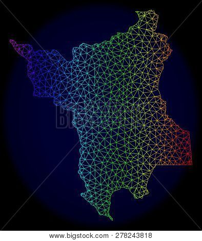 Rainbow Colored Mesh Vector Map Of Roraima State Isolated On A Dark Blue Background. Abstract Lines,