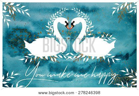 Premade Watercolor Cards With Silhouettes Of Swans: Indigo, White, Gold; With Pink And Indigo Flower