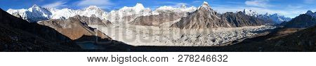 Panoramic Evening View From Gokyo Valley To Ngozumba Glacier And Mount Everest And Lhotse, Nepal Him