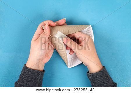 Purim. Diy Cookies Hamantaschen Of Cardboard Plates With Sweet Surprise Inside On Blue Background. G