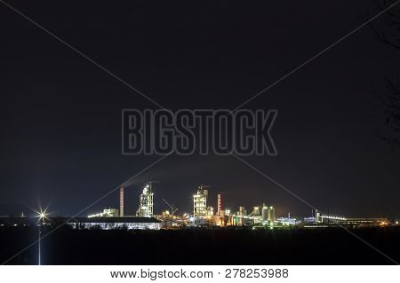 Panorama View Of Cement Plant And Power Sation At Night In Ivano-frankivsk, Ukraine